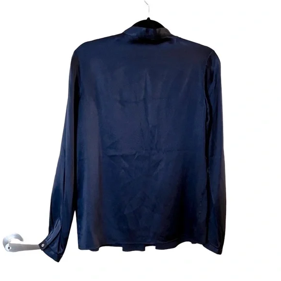 Theory Navy Blue Silk Pleated Front Long Sleeve Blouse - Picture 4 of 4